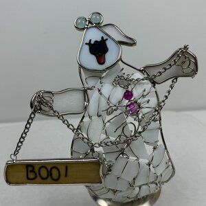 Vintage Halloween Stained Glass Ghost Candle Holder Boo Sign Chains 8.5"